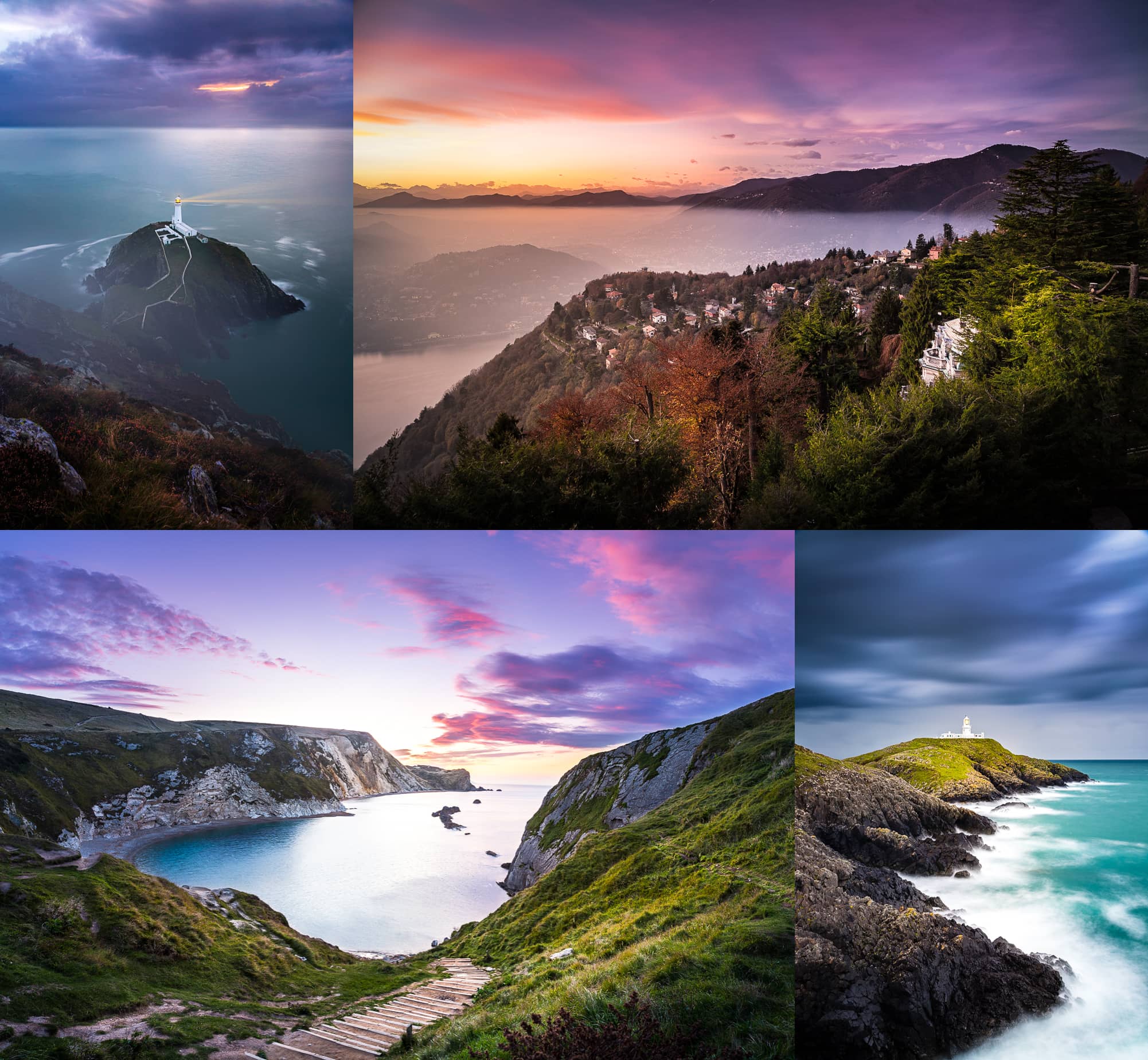 South Stack Lighthouse in Wales, Brunate Italy, Lulworth Cove in England, and Strumble Head Lighthouse in Wales